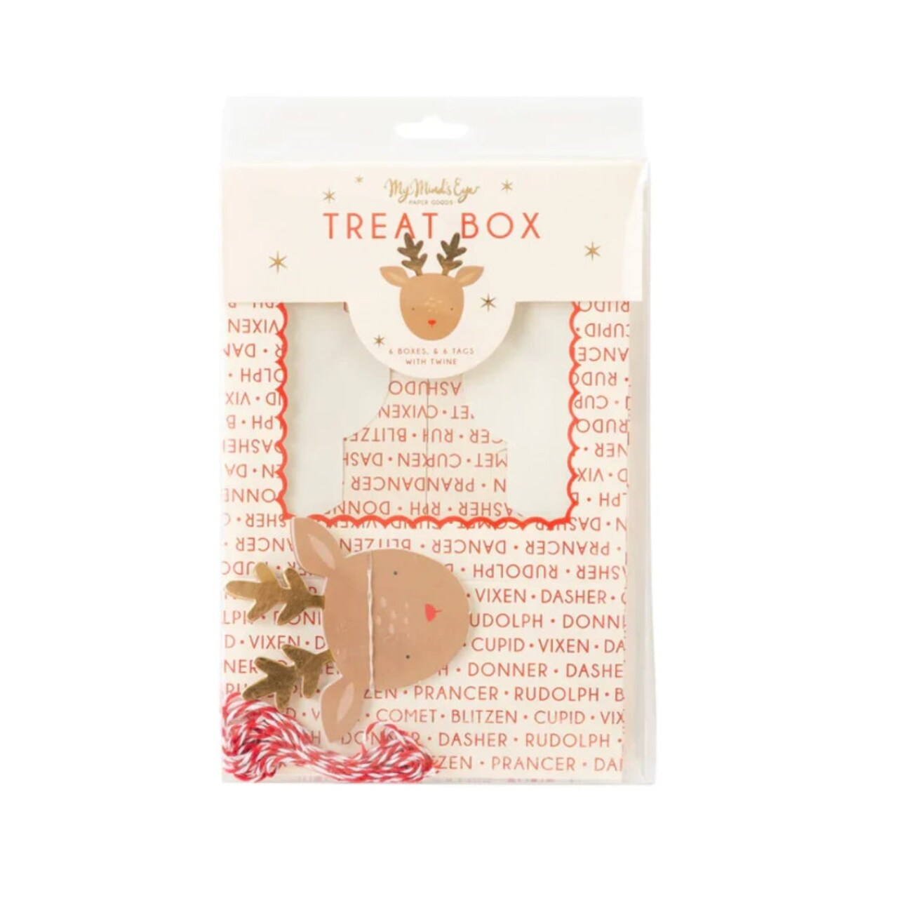 Festive Rudolph Reindeer Treat Box Set – 6 Holiday Boxes with Tags, Twine & Gold Foil Accents for Gifts